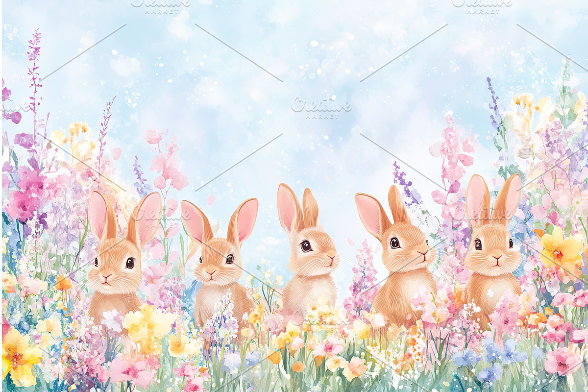 Cute rabbits in colorful flower, an Illustration by Lermont51
