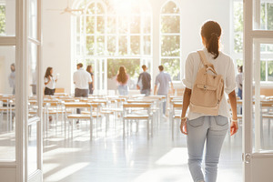 Young indian american girl in classroom doorway with bright back, a Photo by Dvoevnore photos