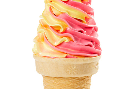 Soft strawberrybanana ice cream containing cream, ice, and cone