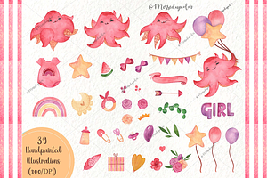 Girl Birthday Clipart, Pink, Octopus