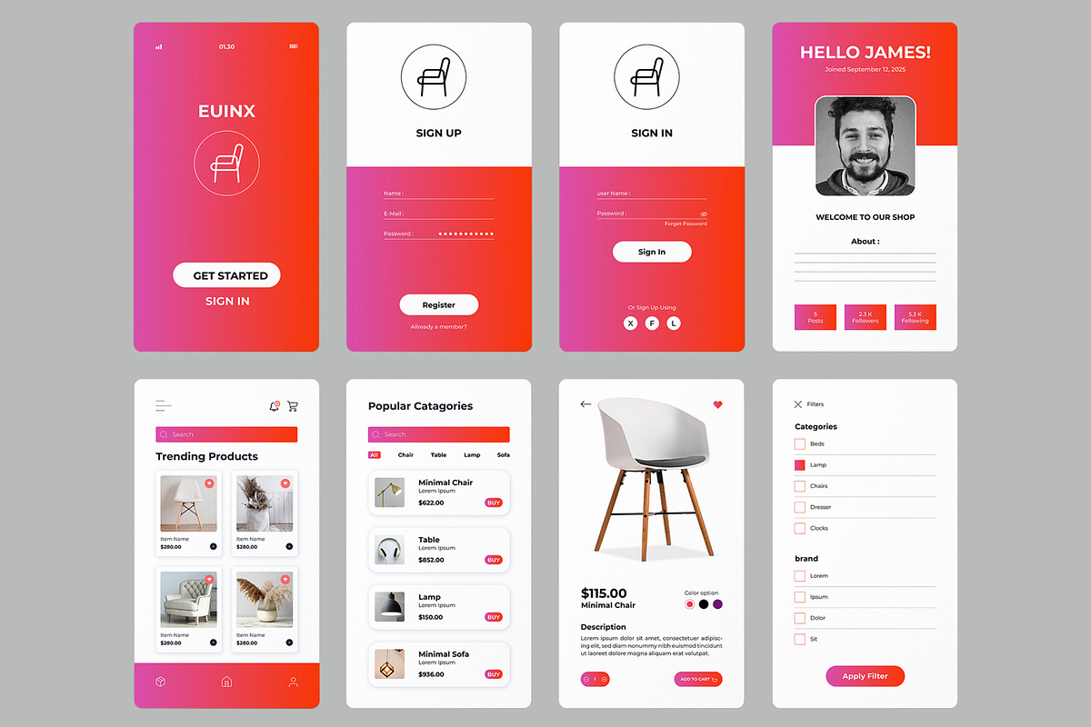 Interior Design Mobile App UI, an UI Kit Template by CreativeShaper (Photo 2 of 3)