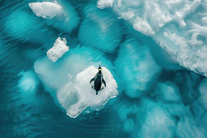 Aerial view of penguin on a floe drifting through ocean, an Animal Photo by AlyaAnd