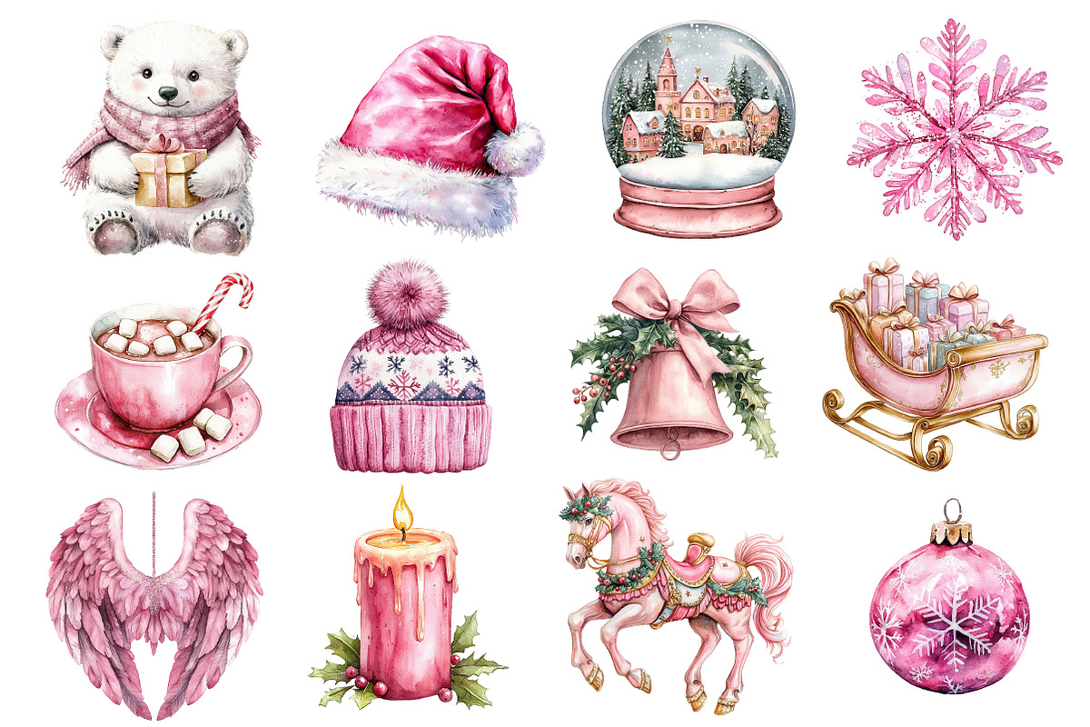 Pink Christmas Watercolor Clipart, an Illustration by Dream Creation (Photo 2 of 5)