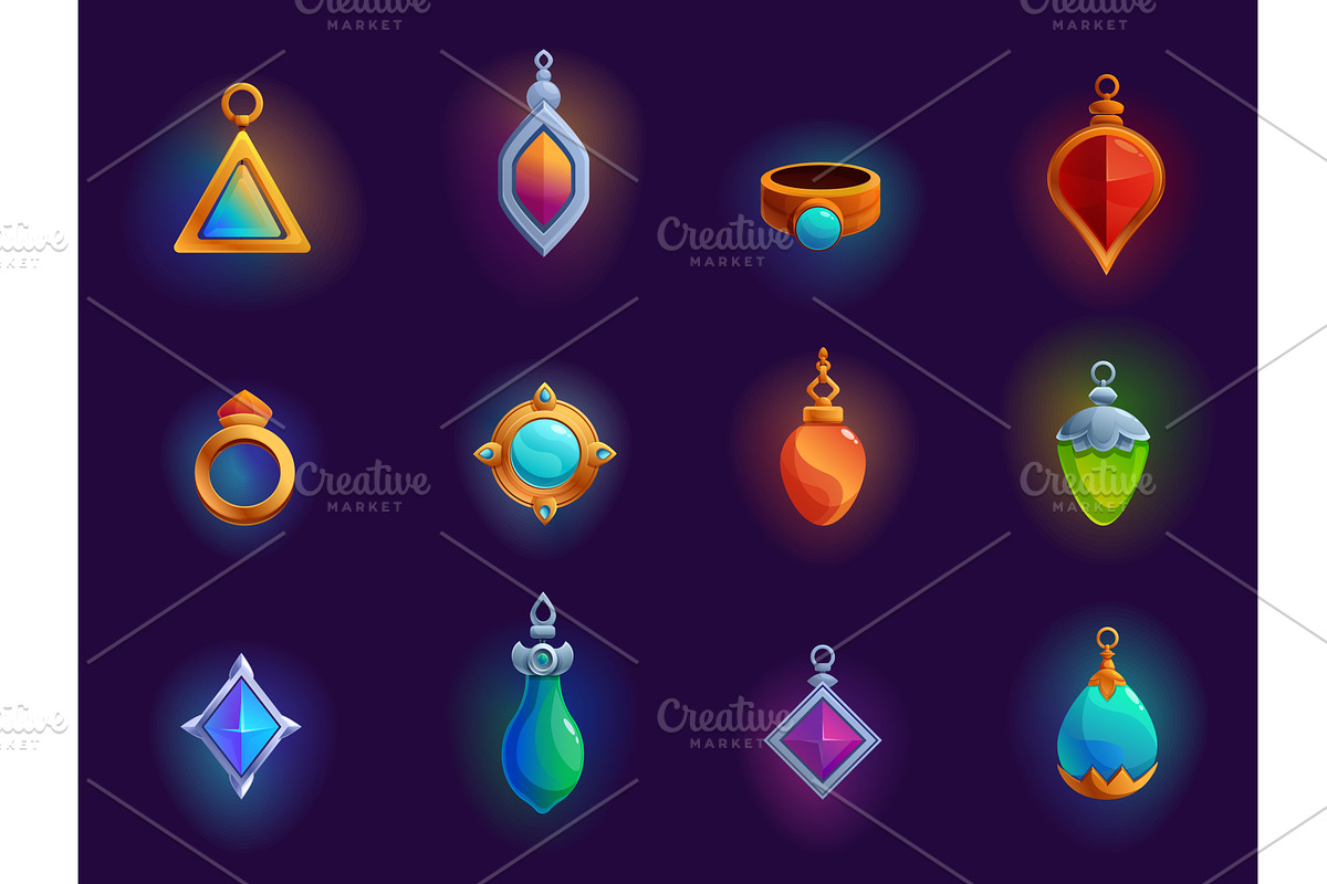 Gemstones amulets. Silver gold, an Object Illustration by Valerie Bodnar