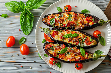 Eggplant stuffed with cheese and tomatoes in plate, a Food & Drink Photo by AlyaAnd