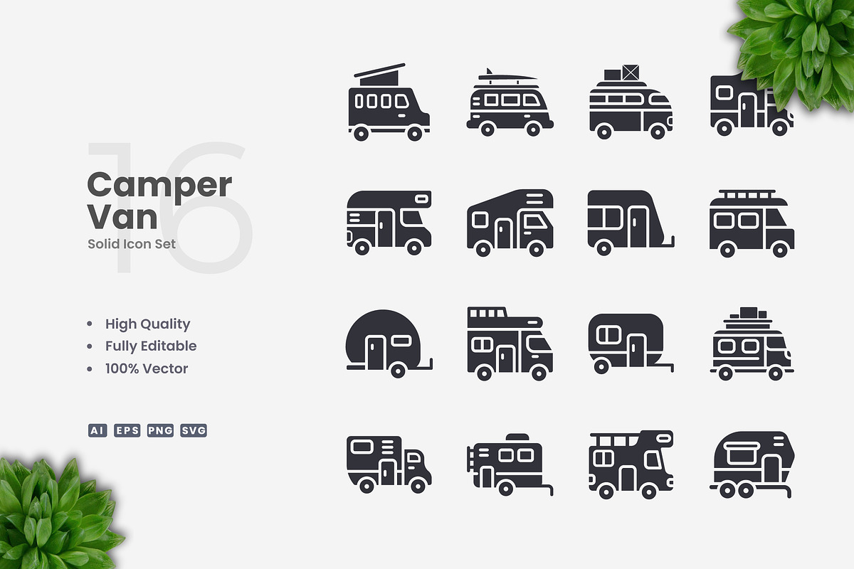 Camper Van Solid Icons, an Icon by Upnowgraphic
