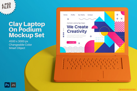 Clay Macbook On Podium Mockup Set, a Device Mockup by Remnand Studio