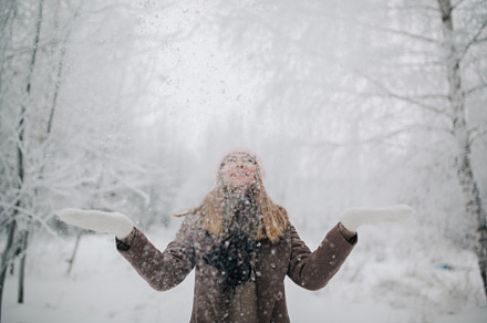 Photo of happy blonde woman on walk containing winter, forest, and woman, a Person Photo by Super duper stock images 
