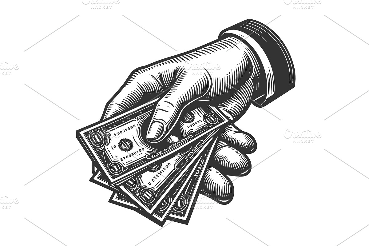 Hand Holding Dollar Bills engraving, a Finance Illustration by AlexArt