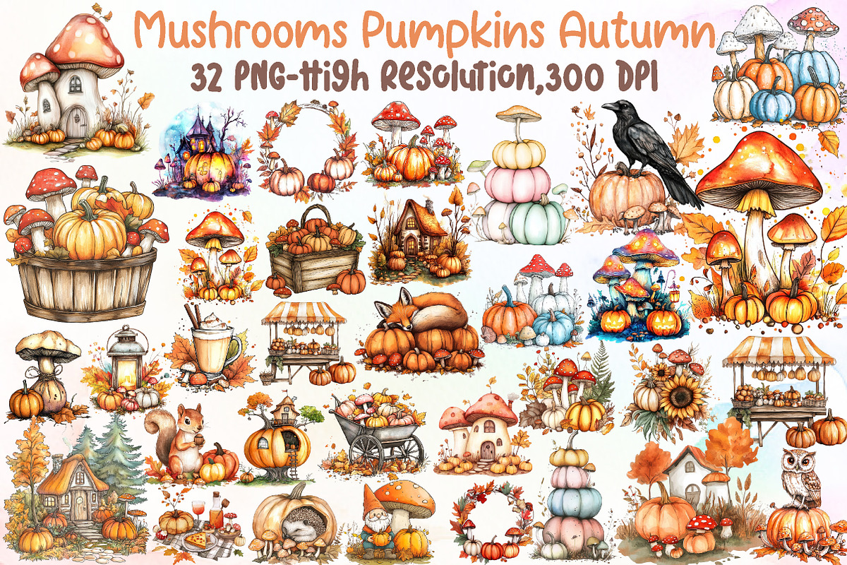 Watercolor Mushrooms and Pumpkins Au, an Illustration by Sublimation Artist (Photo 1 of 6)