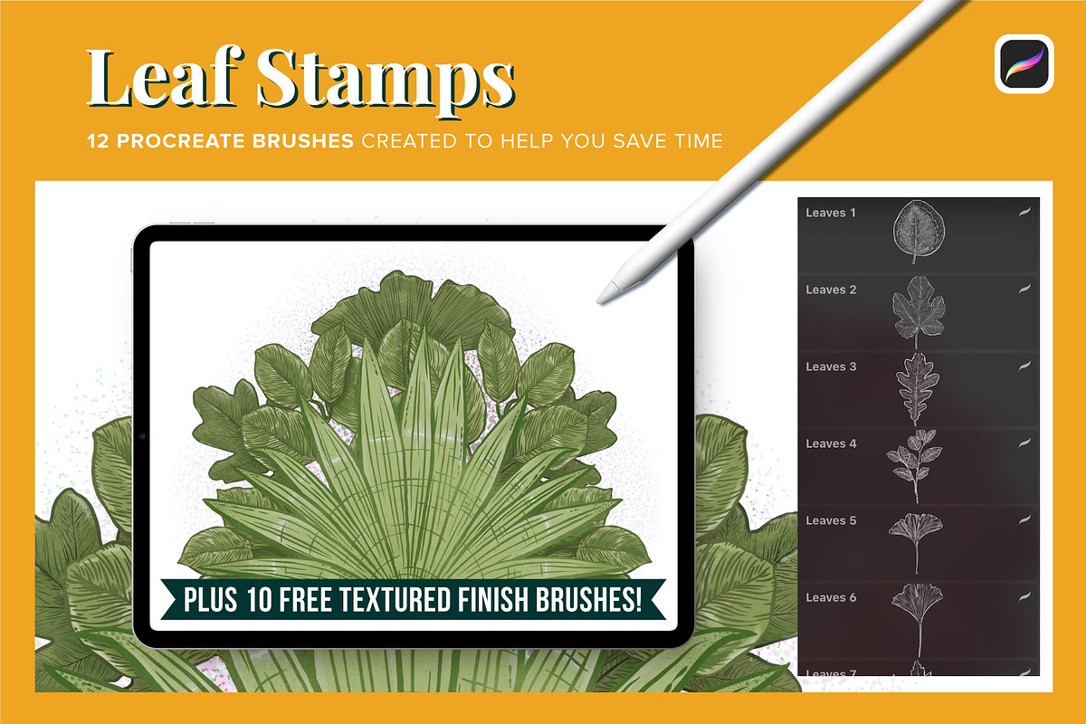 12 Leaf Procreate Stamp Brushes, a Brush Add-On by Riveros Illustration (Photo 2 of 11)