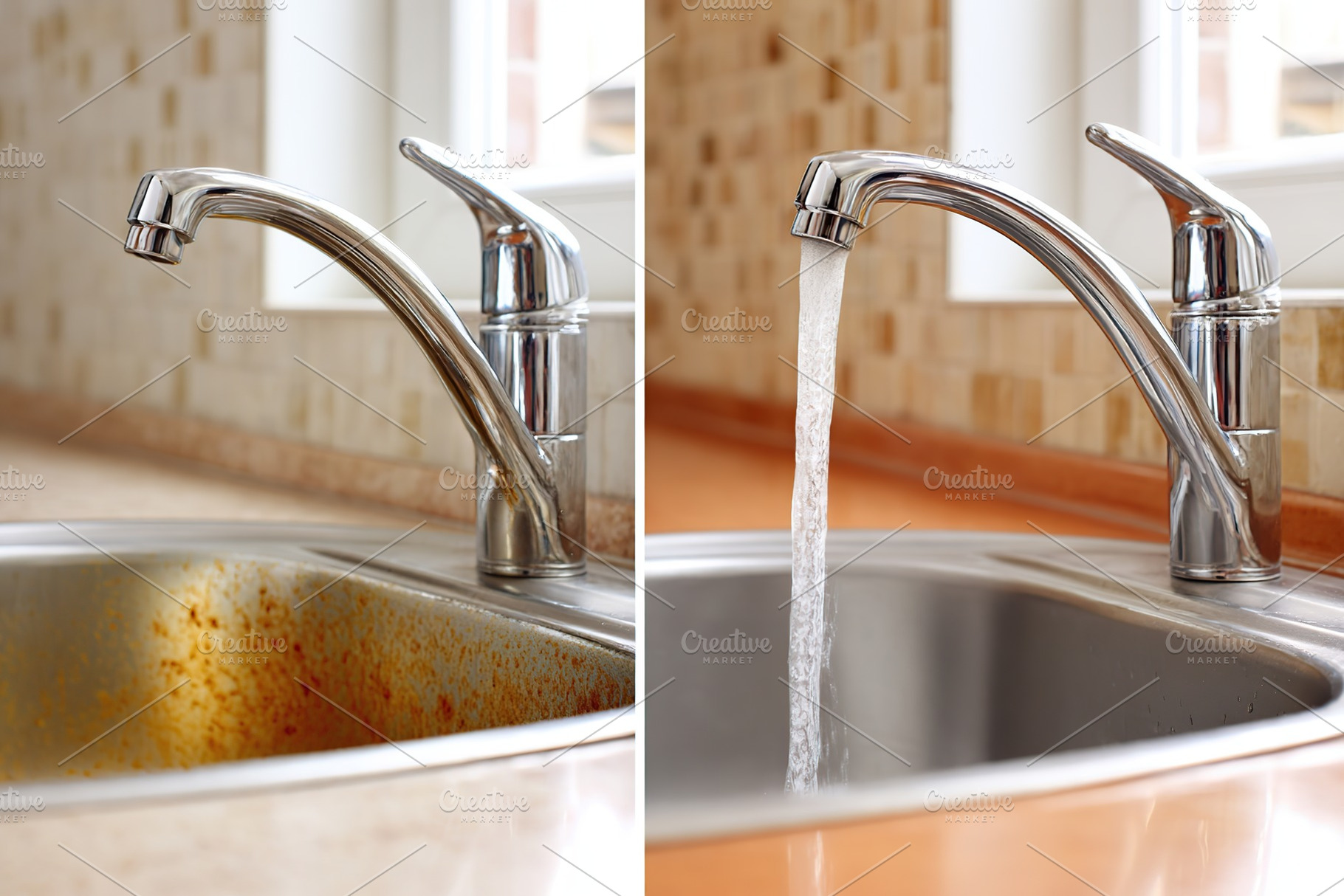 Before and after cleaning kitchen sink tap showing dramatic shine and cleanline, a Photo by AlyaAnd