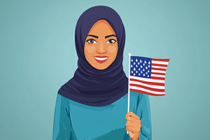 Woman in Hijab Holding an American Flag on a City Street, an Abstract Photo by Natalia Klenova's Shop