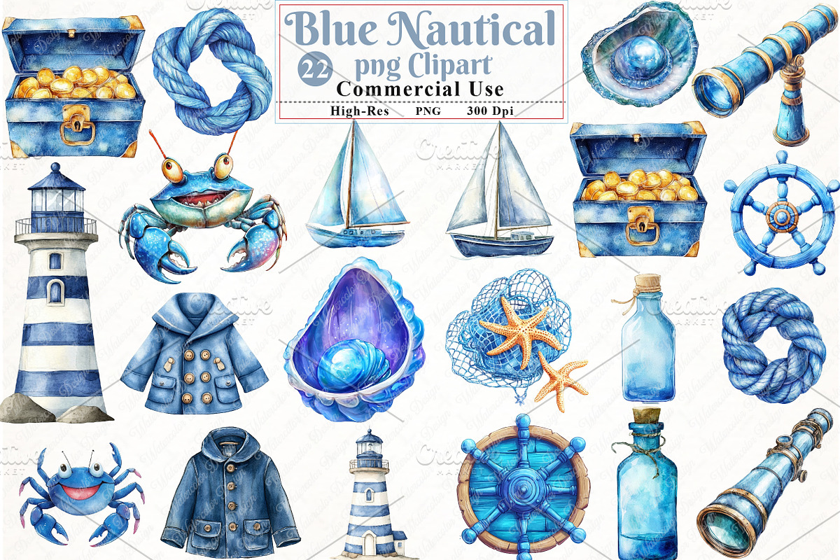 Watercolor Blue Nautical Clipart png, an Illustration by Watercolor design (Photo 1 of 12)