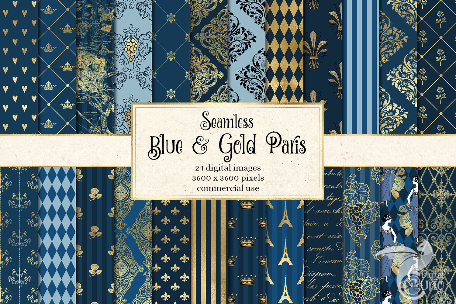 Blue and Gold Paris Digital Paper, a Pattern Graphic by Digital Curio