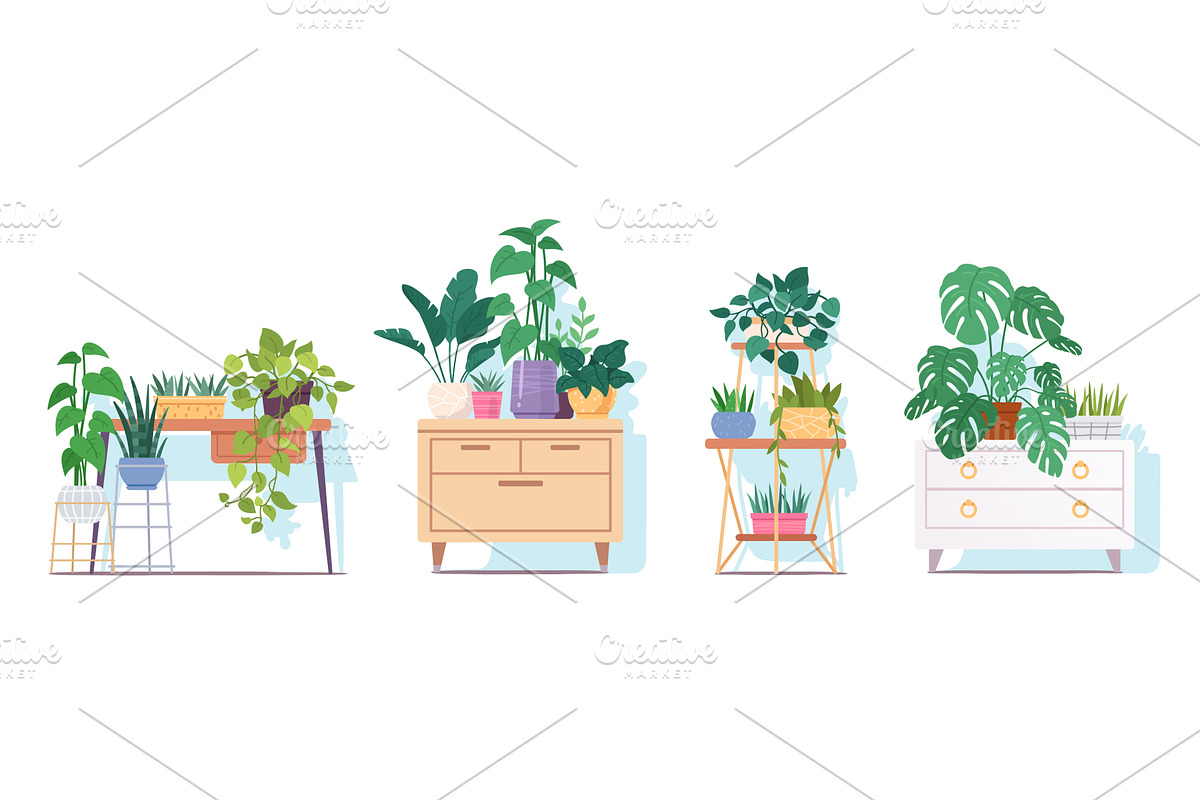 Various potted indoor plants, a Decorative Illustration by Iconicbestiary