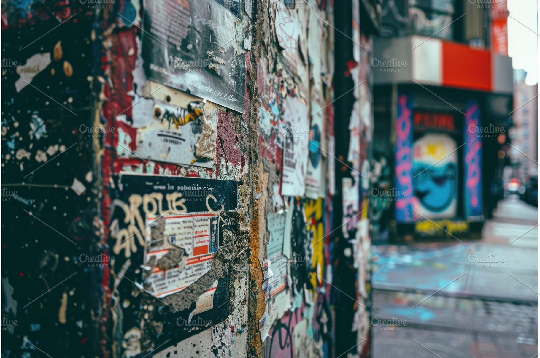 Old wall covered with torn posters, a Background Photo by Ylivdesign