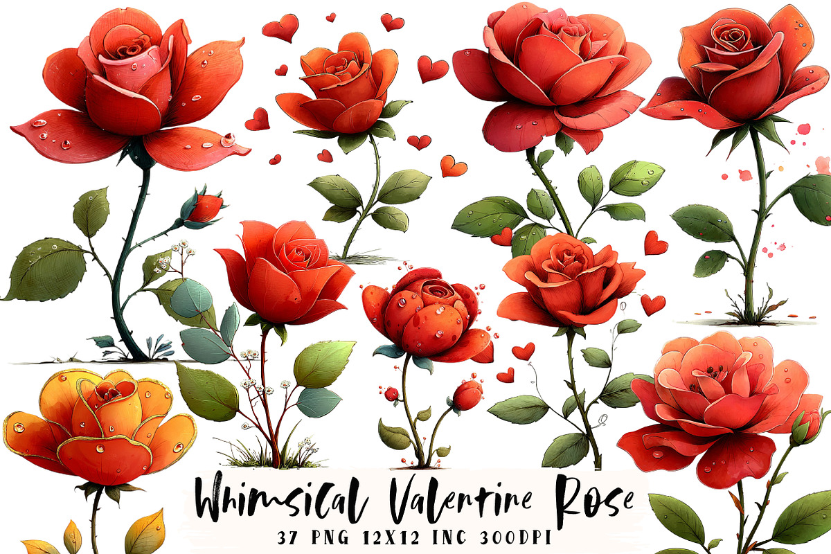 Whimsical Valentine Rose Clipart, an Illustration by OK Design (Photo 1 of 6)
