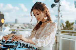 Female DJ performs at an outdoor eve, a Photo by Tanuart