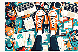 Maintaining balance between work and leisure illustrated in colorful cluttered, an Illustration by AS photostudio