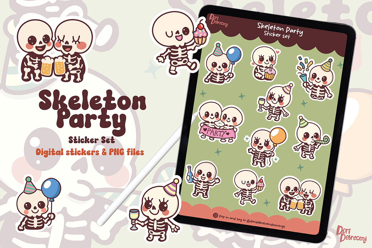 Cute Skeleton Party Sticker Set, a Graphic by Dori Debreceni draws (Photo 2 of 4)