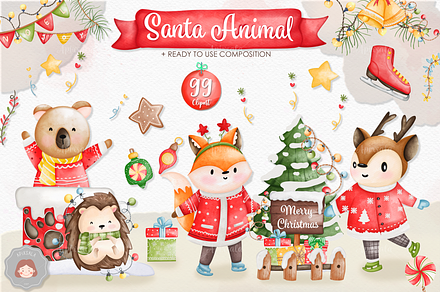 Watercolor Christmas Santa Animals, an Animal Illustration by Apixsala