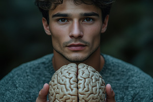 A young cognitive psychologist man with curly hair holds a realistic model of a, a Person Photo by Textures & Backgrounds