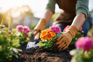 Planting colorful flowers in a garden at sunset, a Nature Photo by AlyaAnd