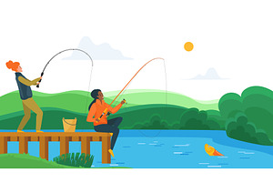 Two fisherman girls catch fish on, a Person Illustration by Lemberg Vector