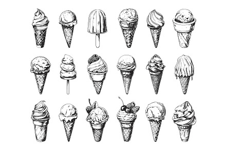 Ice Cream Engraving Style Set. Low, a Food Illustration by LadadikArt