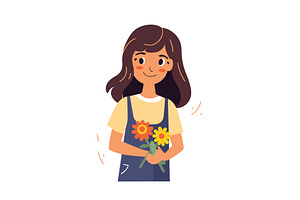 A Smiling Girl Holds A Bouquet Of