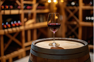 Glass of red wine on barrel in, a Food & Drink Photo by Lermont51