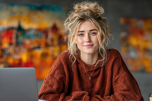 Smiling Blonde Woman Working on Laptop in Art Studio with Colorf, a Person Photo by José Manuel Gelpi