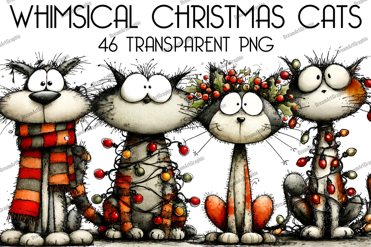 Whimsical Christmas Cats Clipart, an Illustration by DreamArtGraphic (Photo 1 of 5)
