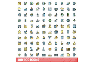 100 eco icons set, color line style, an Object Illustration by Ylivdesign