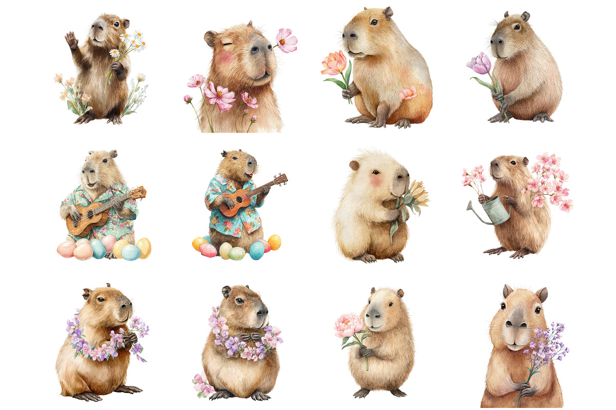 Watercolor Spring Capybara Clipart, an Illustration by DreamArtGraphic (Photo 2 of 4)