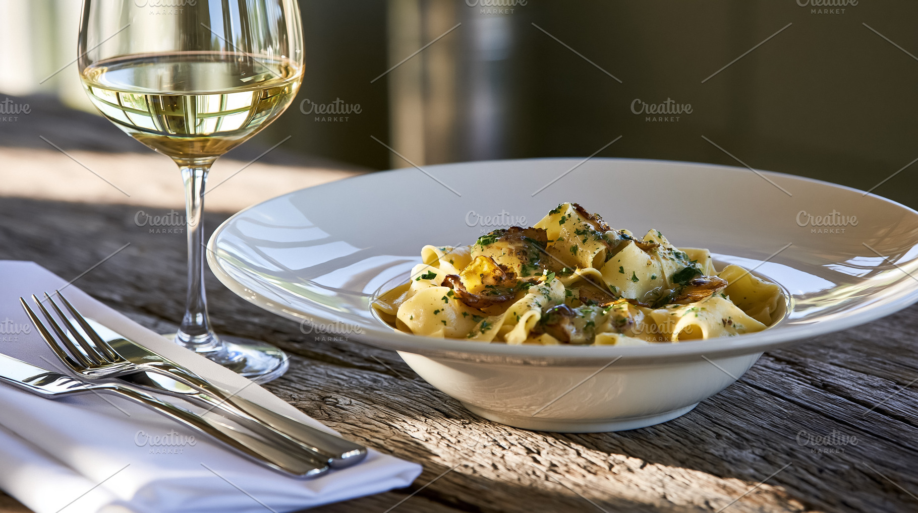 Pappardelle pasta with creamy mushroom sauce and white wine glass on a rustic w, a Photo by Studio ANNA