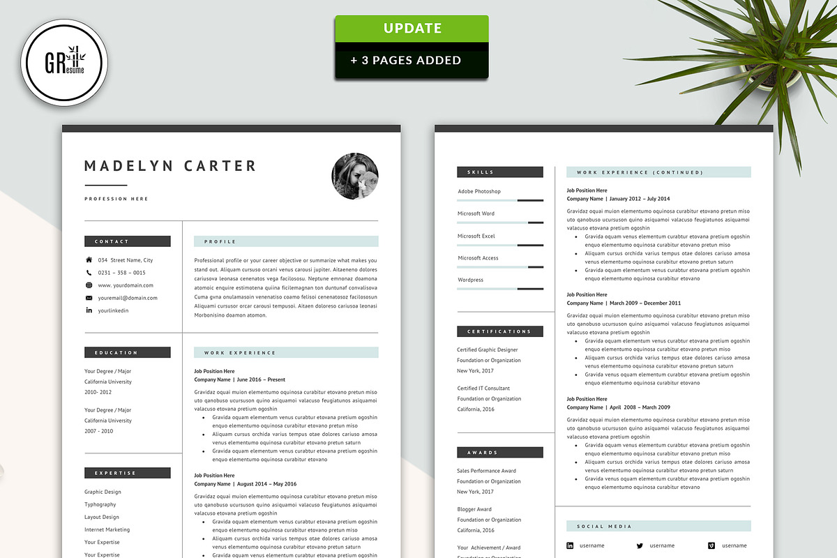 Creative Resume CV Template for Word, a Resume Template by GResume (Photo 3 of 6)