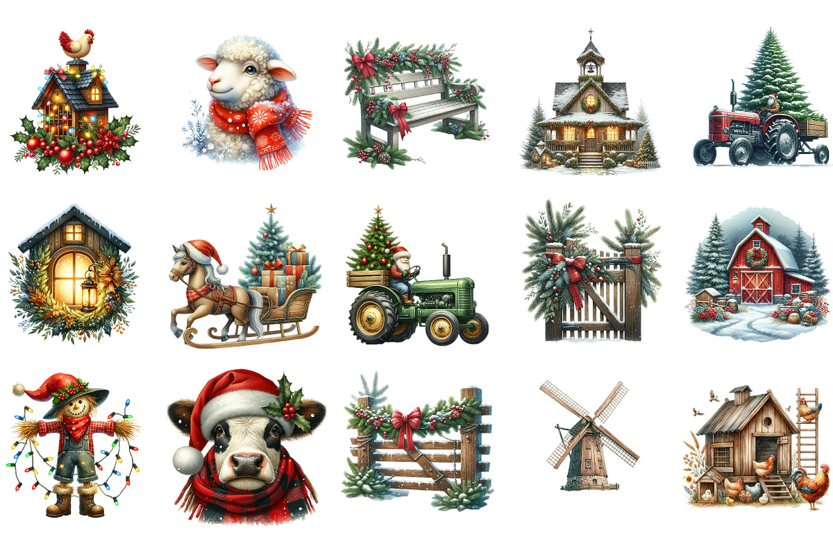 Christmas Farm Watercolor Clipart, an Illustration by Designking (Photo 2 of 5)