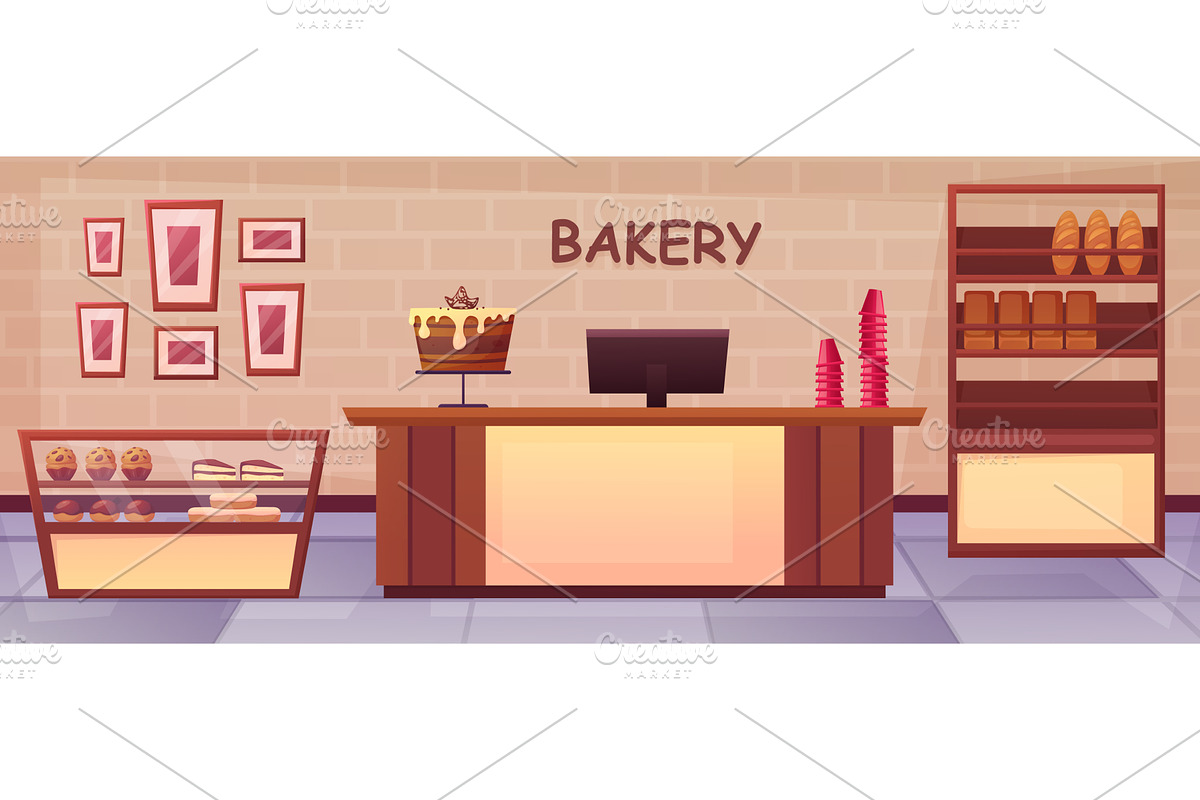 Bakery interior. Glass showcase with, an Object Illustration by LadadikArt