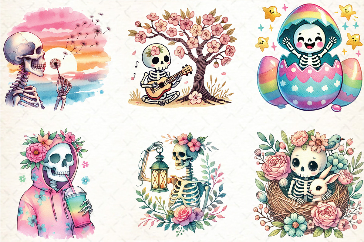 Watercolor Spring Skeleton Sublimati, an Illustration by DreamCafeArt (Photo 3 of 3)