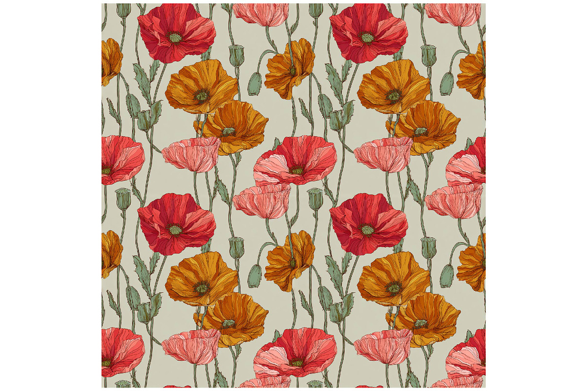 Line Art Poppy Flowers Patterns, a Texture Illustration by DreamPrint404 (Photo 2 of 3)
