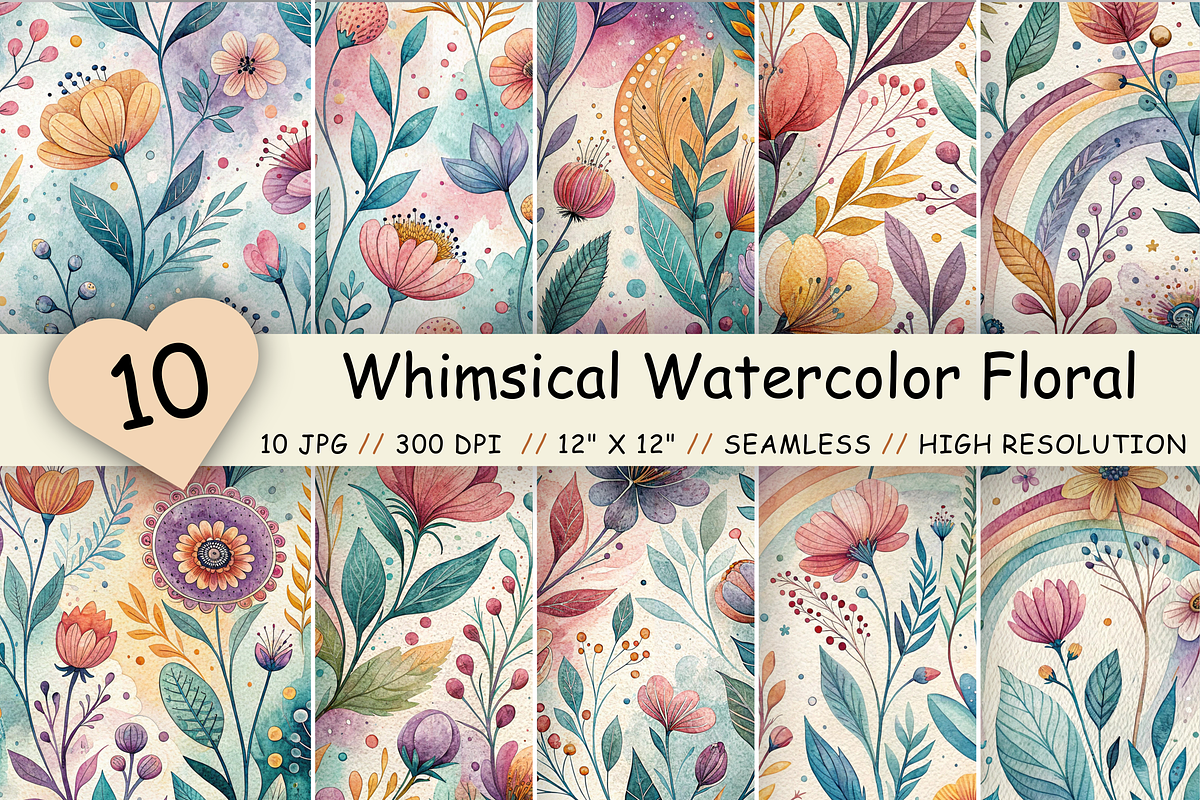 Whimsical Watercolor Floral Patterns, a Pattern Graphic by FloridPrintables (Photo 1 of 9)