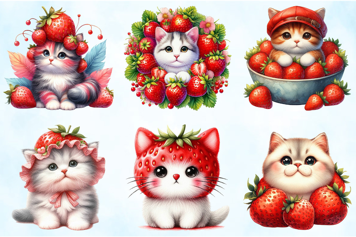 Strawberry Cat Clipart Sublimation, an Illustration by Craft Nest (Photo 4 of 5)