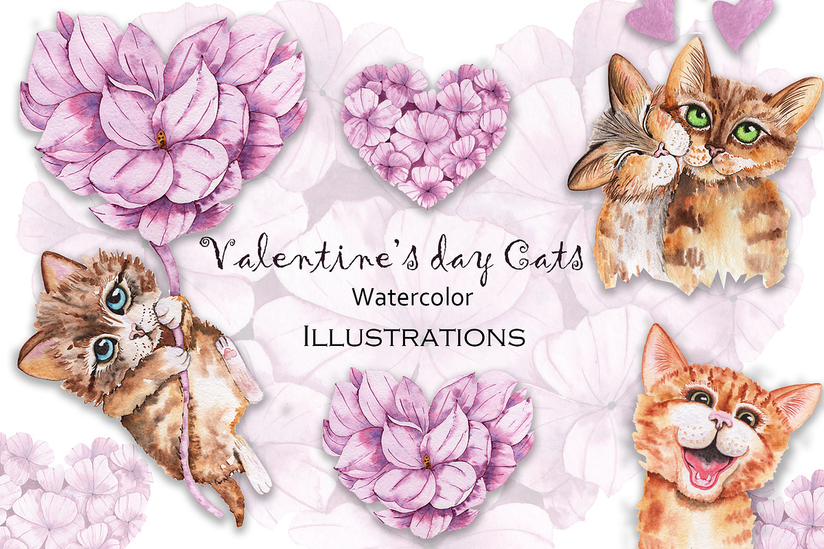 Valentine's Day Watercolor Cats, an Animal Illustration by TanataDesign (Photo 3 of 10)