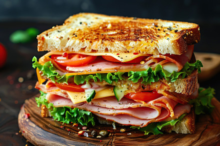 Toast sandwich with cheese, turkey ham, tomato and fresh lettuce on wooden back, a Food & Drink Photo by AlyaAnd
