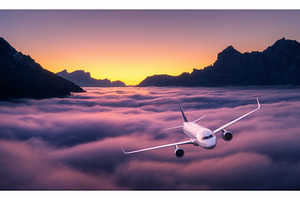 Commercial airplane flying above, a Transportation Photo by den-belitsky