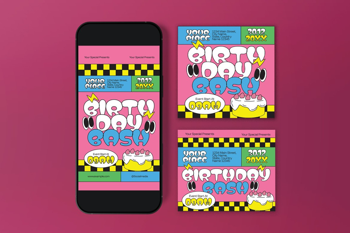 Pink Quirky Birthday Bash Flyer Set, a Flyer Template by graphicook (Photo 3 of 3)