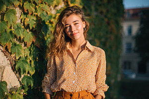Young woman poses outdoors with sunshine illuminating her in a vibrant urban se, a Person Photo by AlyaAnd