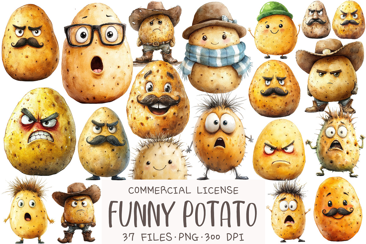Funny Potato Watercolor Clipart, an Illustration by OK Design (Photo 1 of 5)